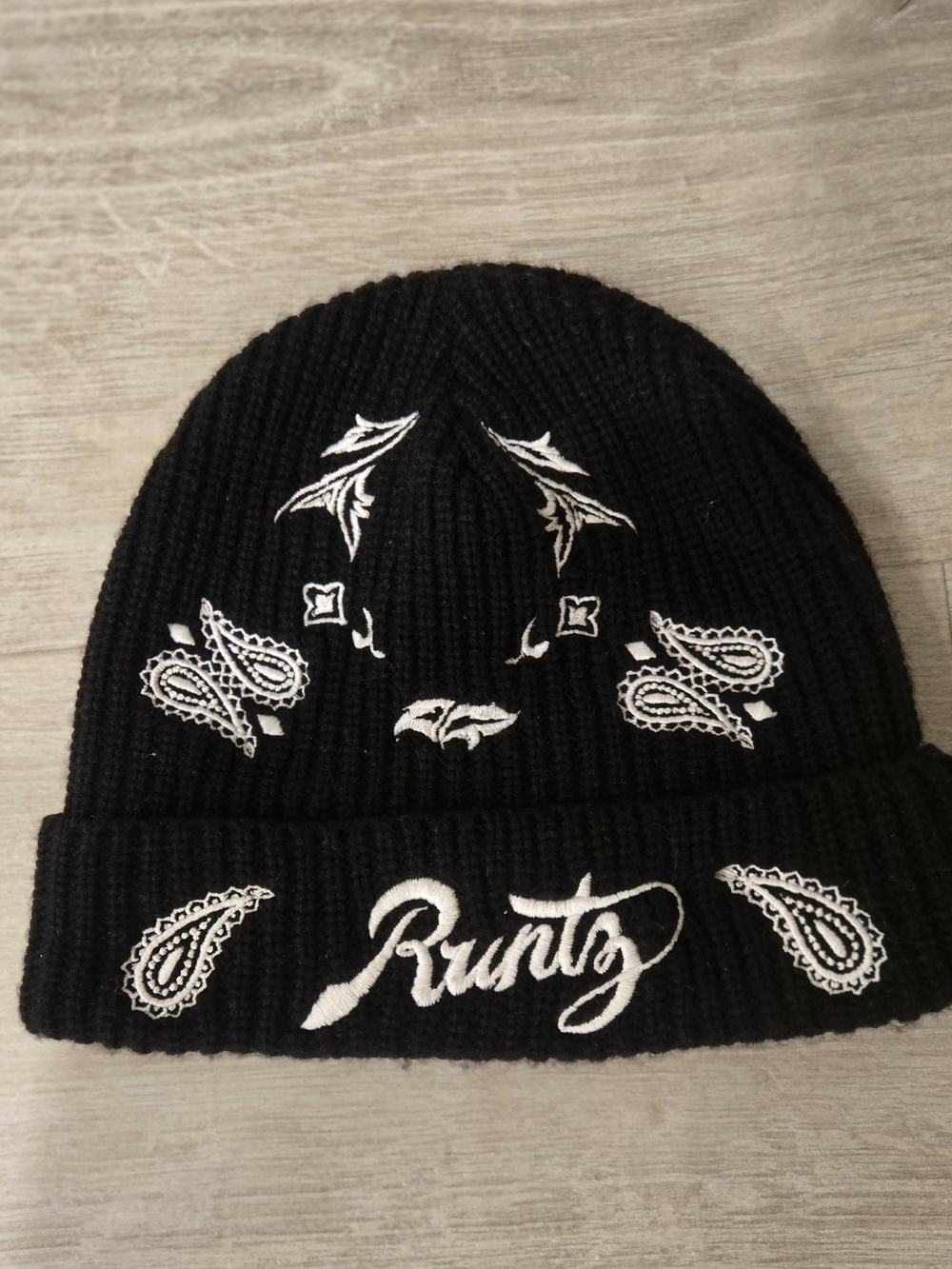 Black Knit Beanie with White Paisley Embroidery